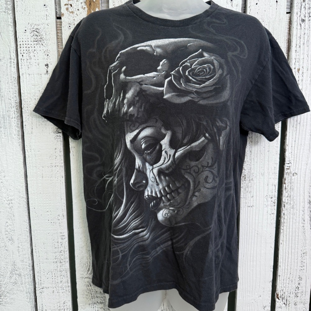 Liquid Blue Sugar Skull Rose T-Shirt Womens M 100% Cotton Gothic Black Romantic